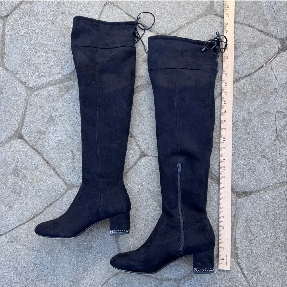 Michael Kors Jaime Black Stretch Over the Knee Boots Chain Accents Mid-Heel Sz 8